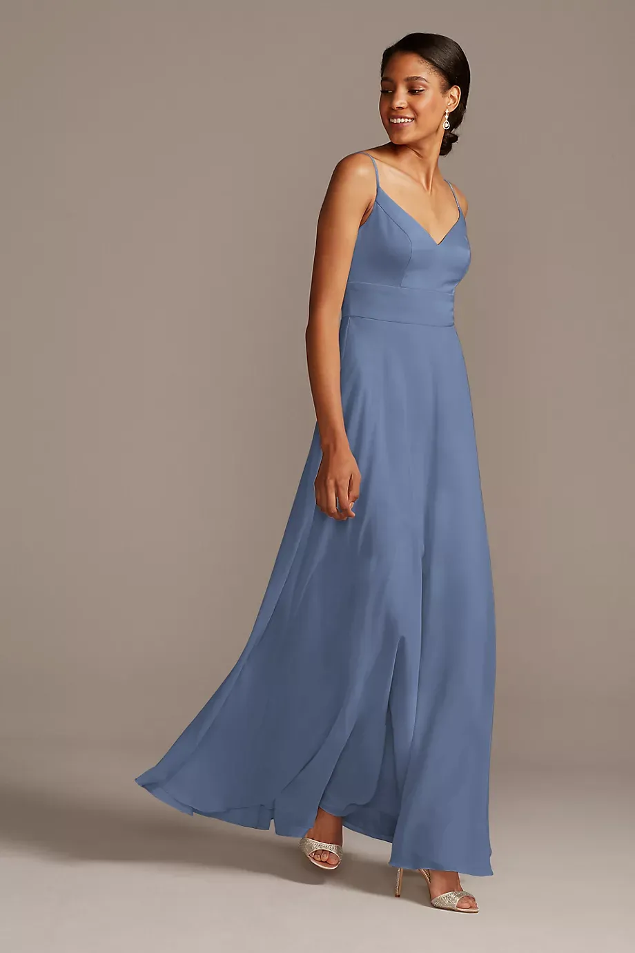 Spaghetti Strap Crepe-Back Satin Dress in Steel Blue Size: 2 David's Bridal