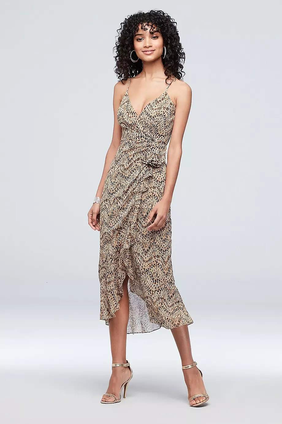 Bardot Cascading Ruffle Printed Georgette Midi Dress in Taupe Size: Large David's Bridal