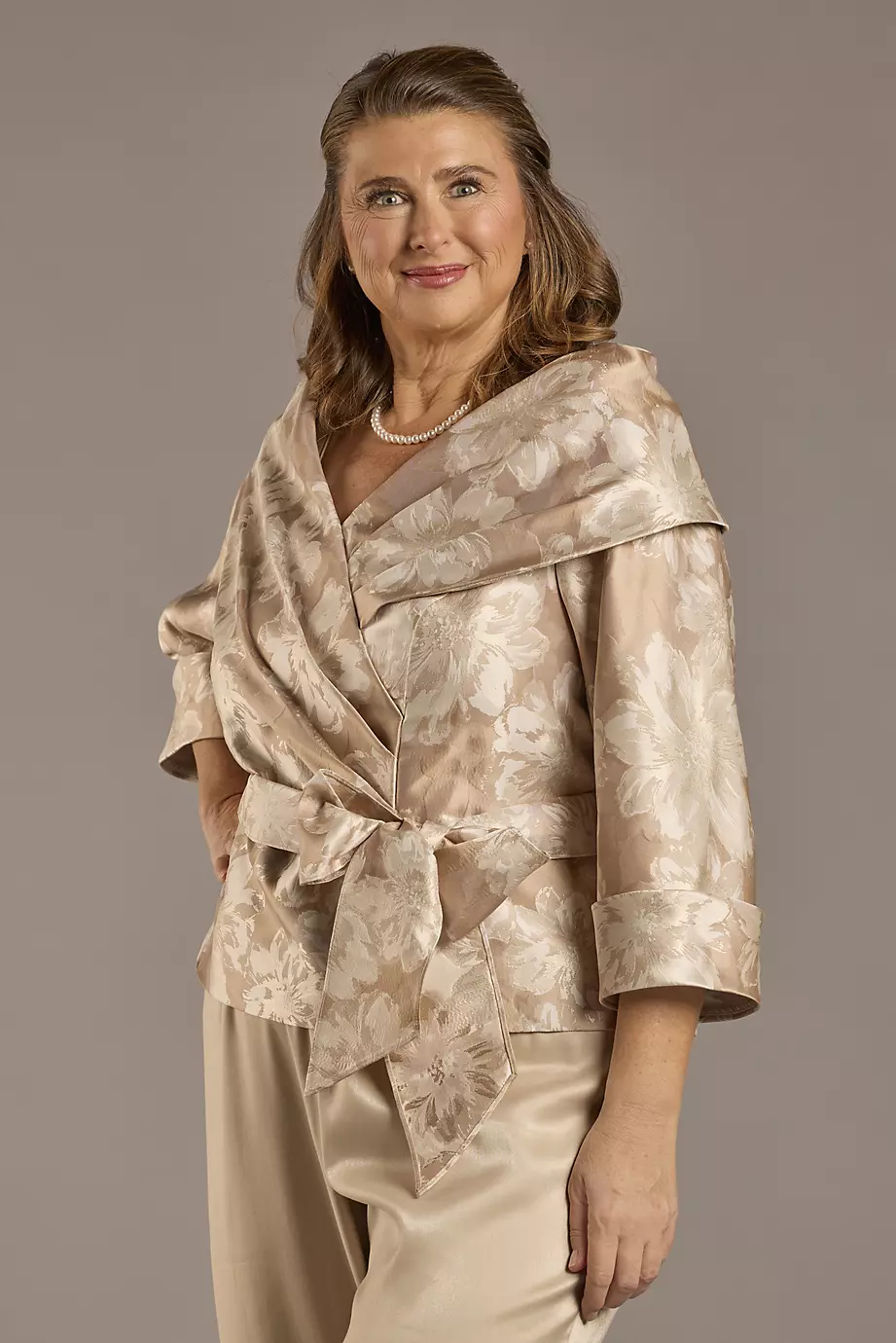 Alex Evenings Floral Print Tie-Front Shawl Collar Jacket in Champagne Size: 1X David's Bridal