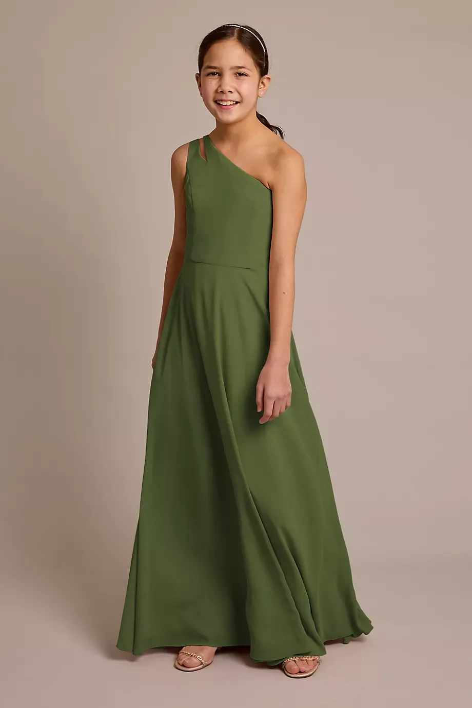 Celebrate DB Studio Chiffon One-Shoulder Junior Dress in Martini Olive Size: 18 David's Bridal