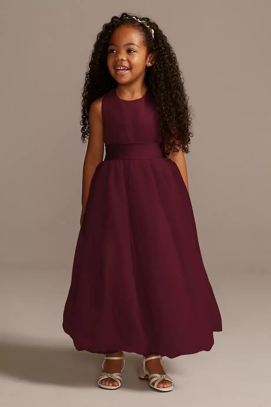Satin Flower Girl Dress With Tulle Skirt in Wine Size: 8 David's Bridal