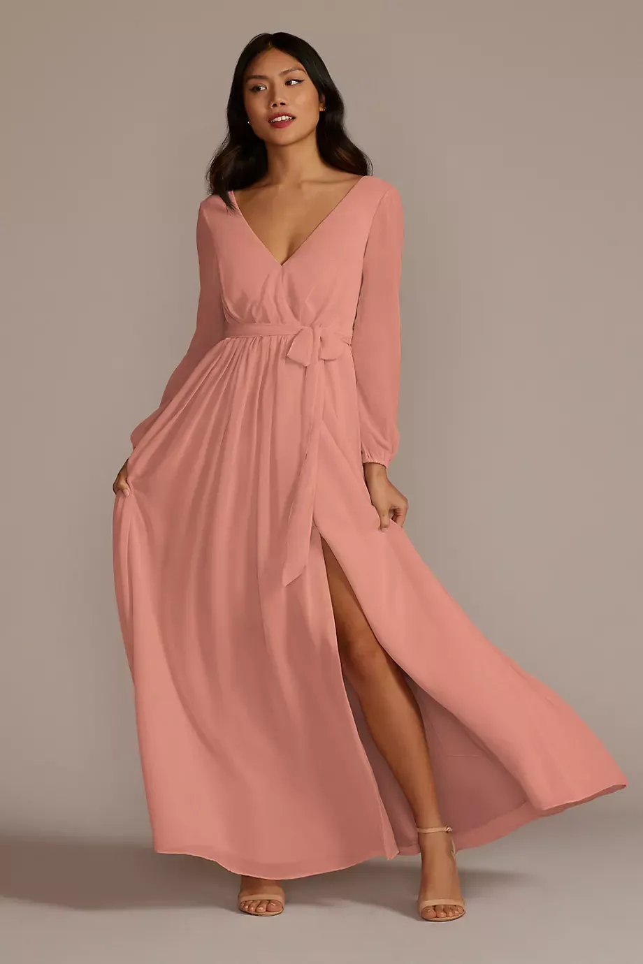 Celebrate DB Studio Long Sleeve Chiffon Dress With Slit in Desert Coral Size: 2 David's Bridal