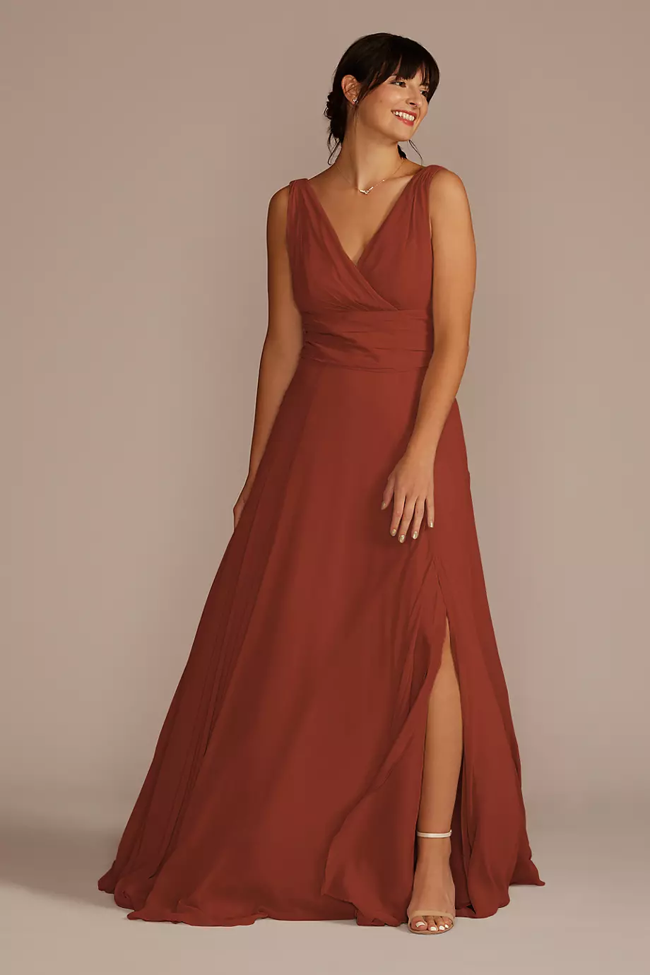 Celebrate DB Studio Long Chiffon Surplice Tank Bridesmaid Dress in Cinnamon Size: 6 David's Bridal