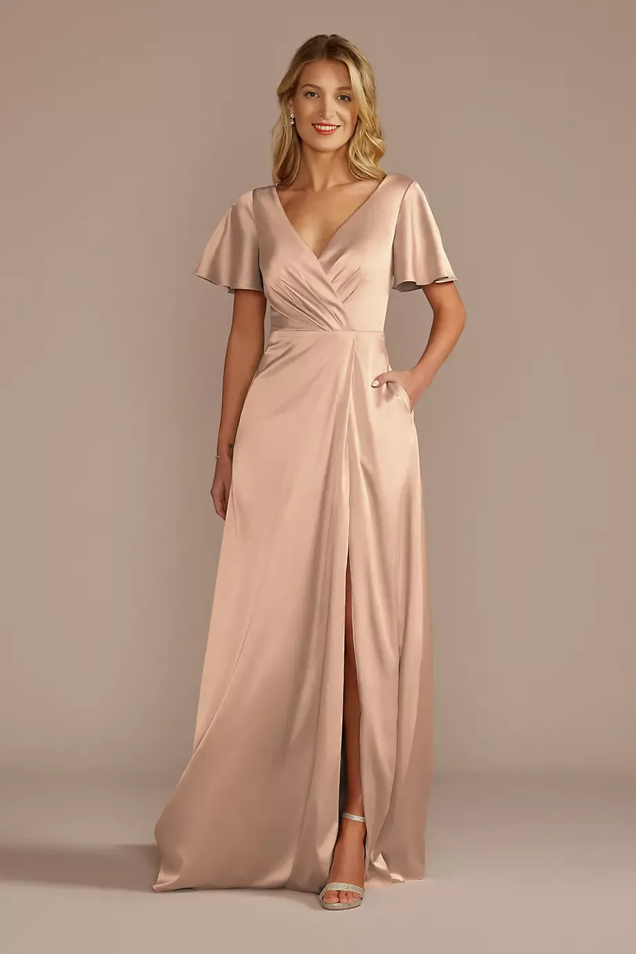 Celebrate DB Studio Short Sleeve Stretch Charmeuse Dress in Sand Size: 16 David's Bridal