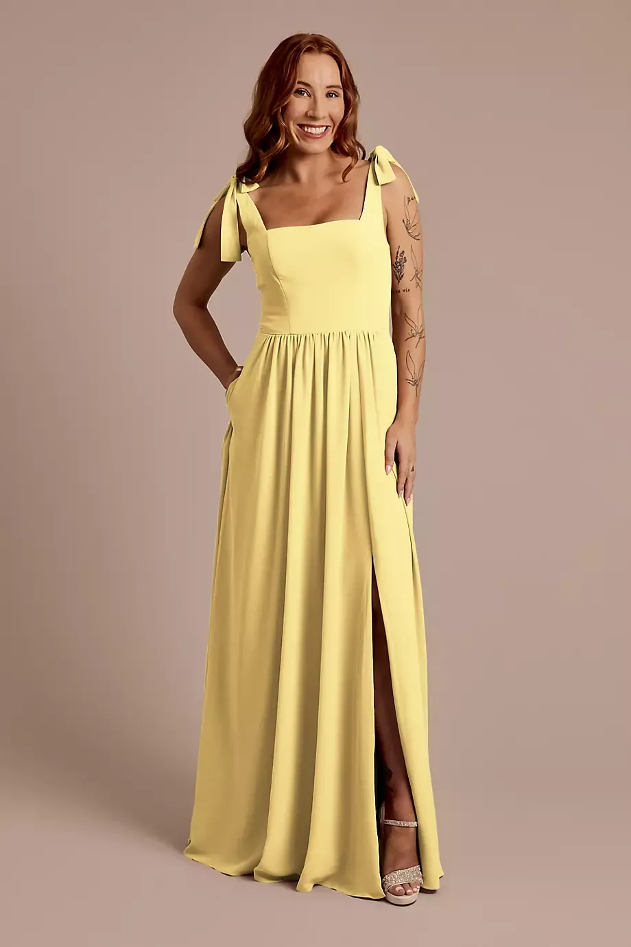 Celebrate DB Studio Chiffon Tie Strap Tank A-Line Dress in Pale Yellow Size: 6 David's Bridal
