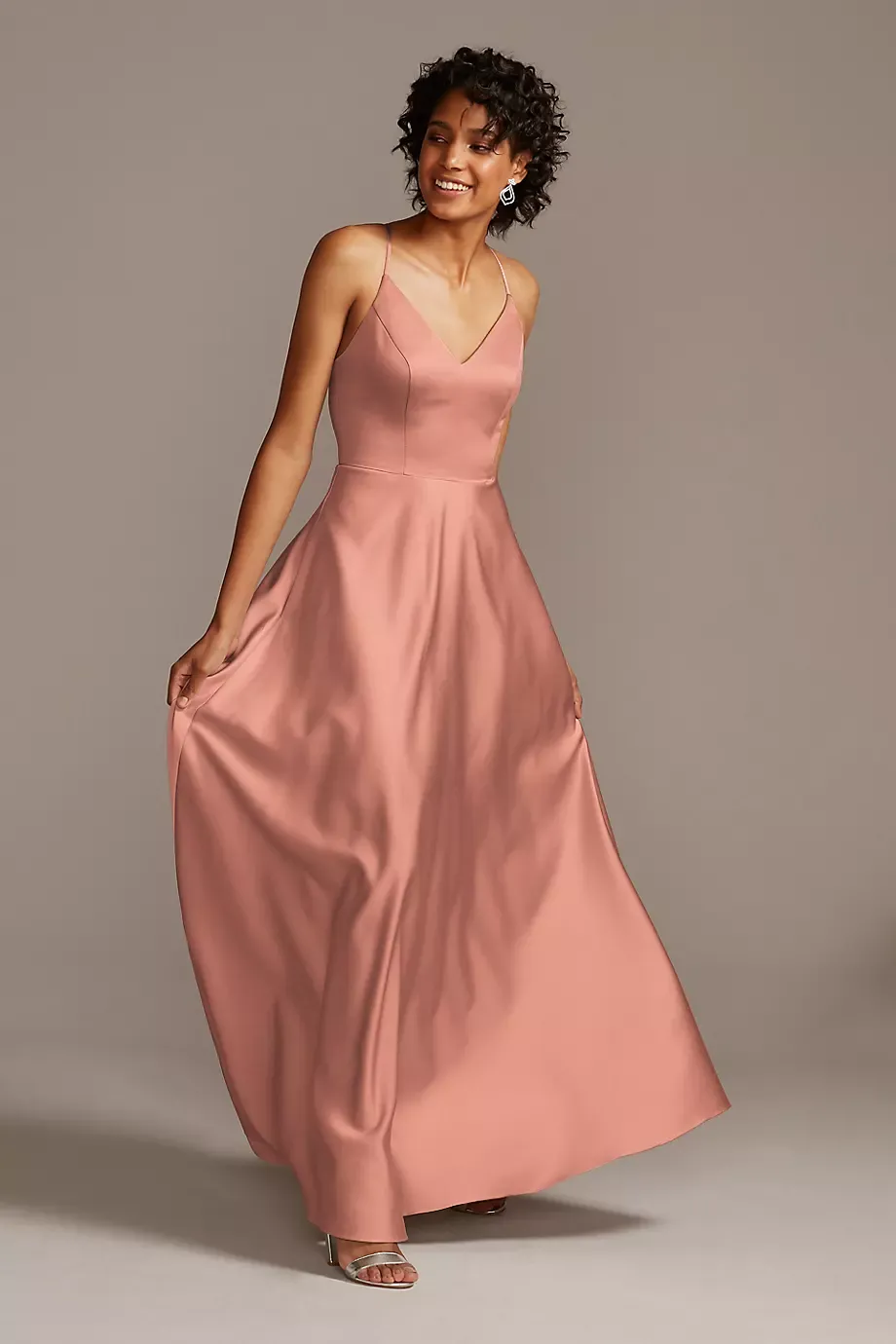 Celebrate DB Studio Spaghetti Strap Satin A-Line Long Bridesmaid Dress in Desert Coral Size: 26 David's Bridal