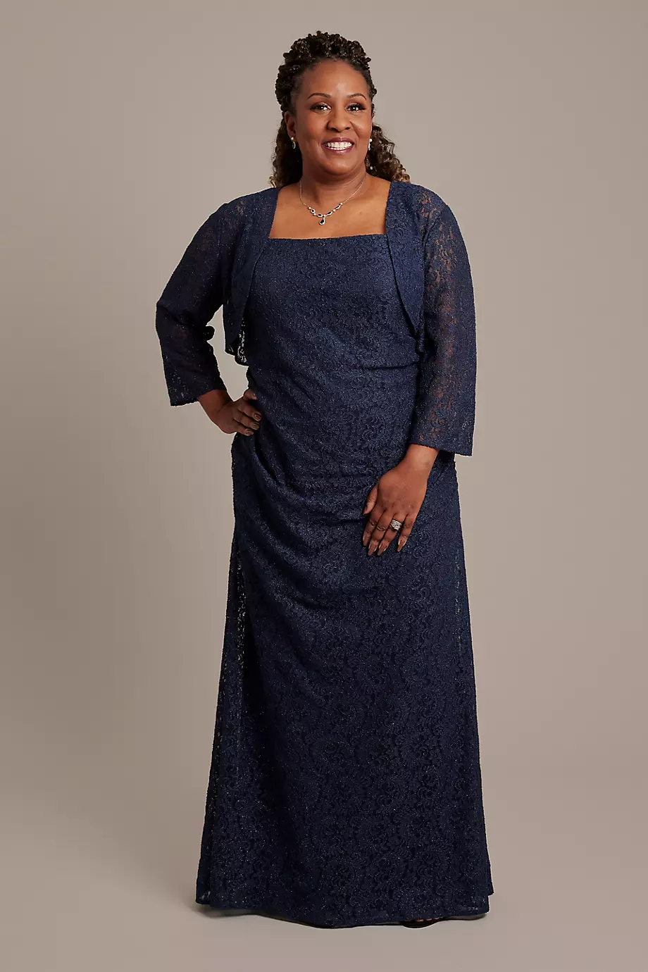 Oleg Cassini Ruched Glitter Lace Long Jacket Dress in Navy Size: 20W David's Bridal