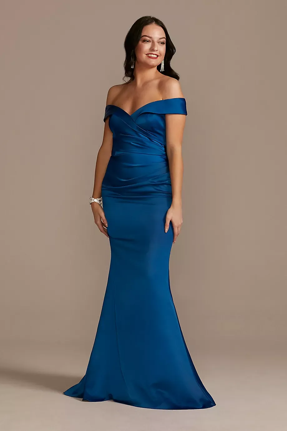 Galina Signature Satin Off-The-Shoulder Mermaid Dress in Sapphire Size: 10 David's Bridal