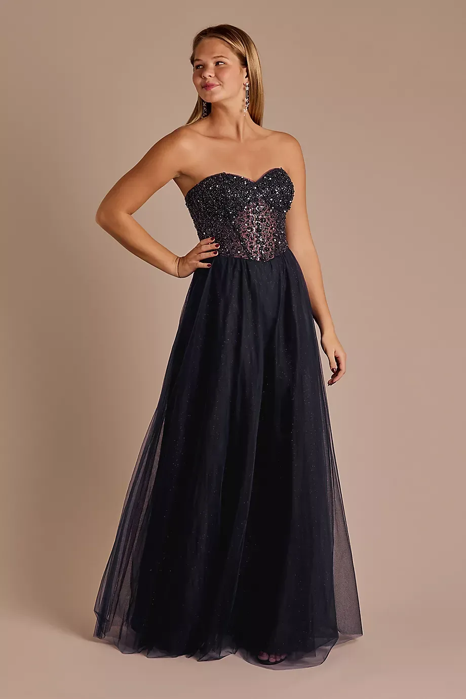 Jules and Cleo Floral Encrusted Bodice Strapless Ball Gown in Navy Size: 4 David's Bridal