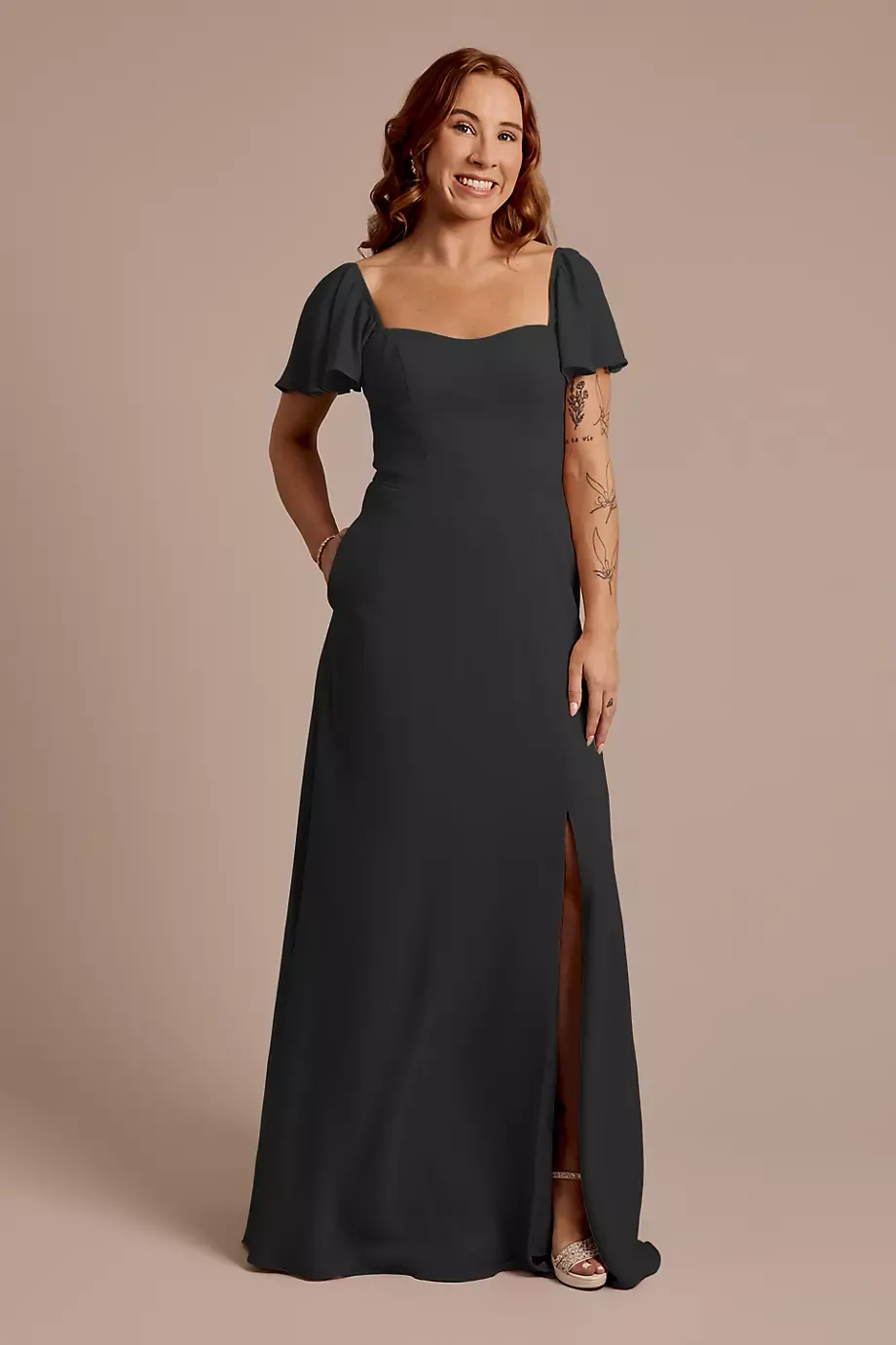 Celebrate DB Studio Chiffon Flutter Sleeve Dress With Basque Waist in Black Size: 26 David's Bridal