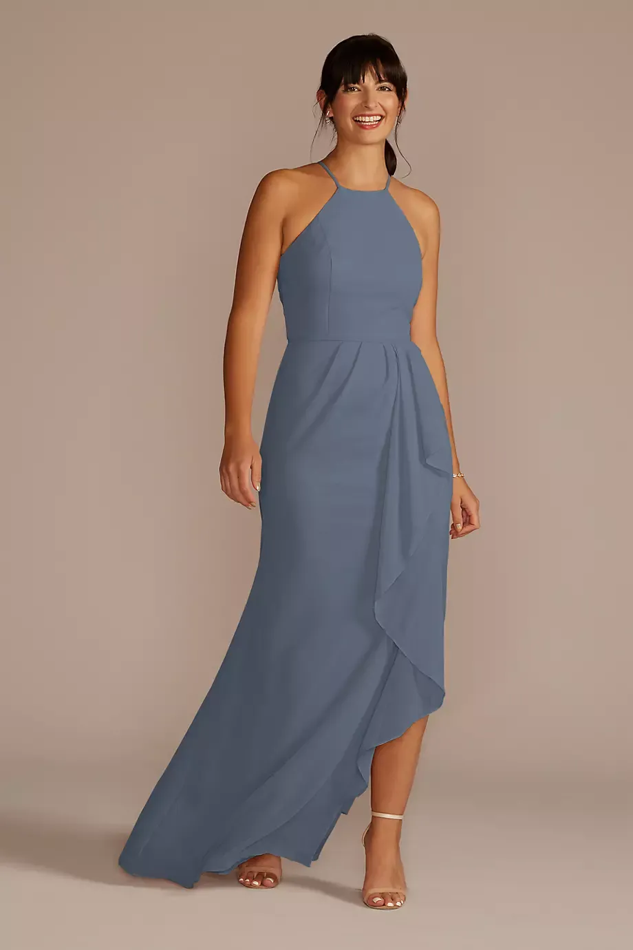 Celebrate DB Studio High-Neck Chiffon Bridesmaid Dress With Cascade in Steel Blue Size: 26 David's Bridal