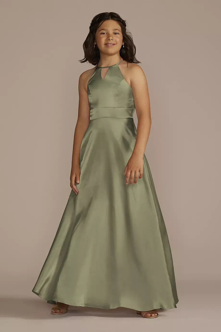 Galina Signature Charmeuse High-Neck Junior Bridesmaid Dress in Eucalyptus Size: 14 David's Bridal