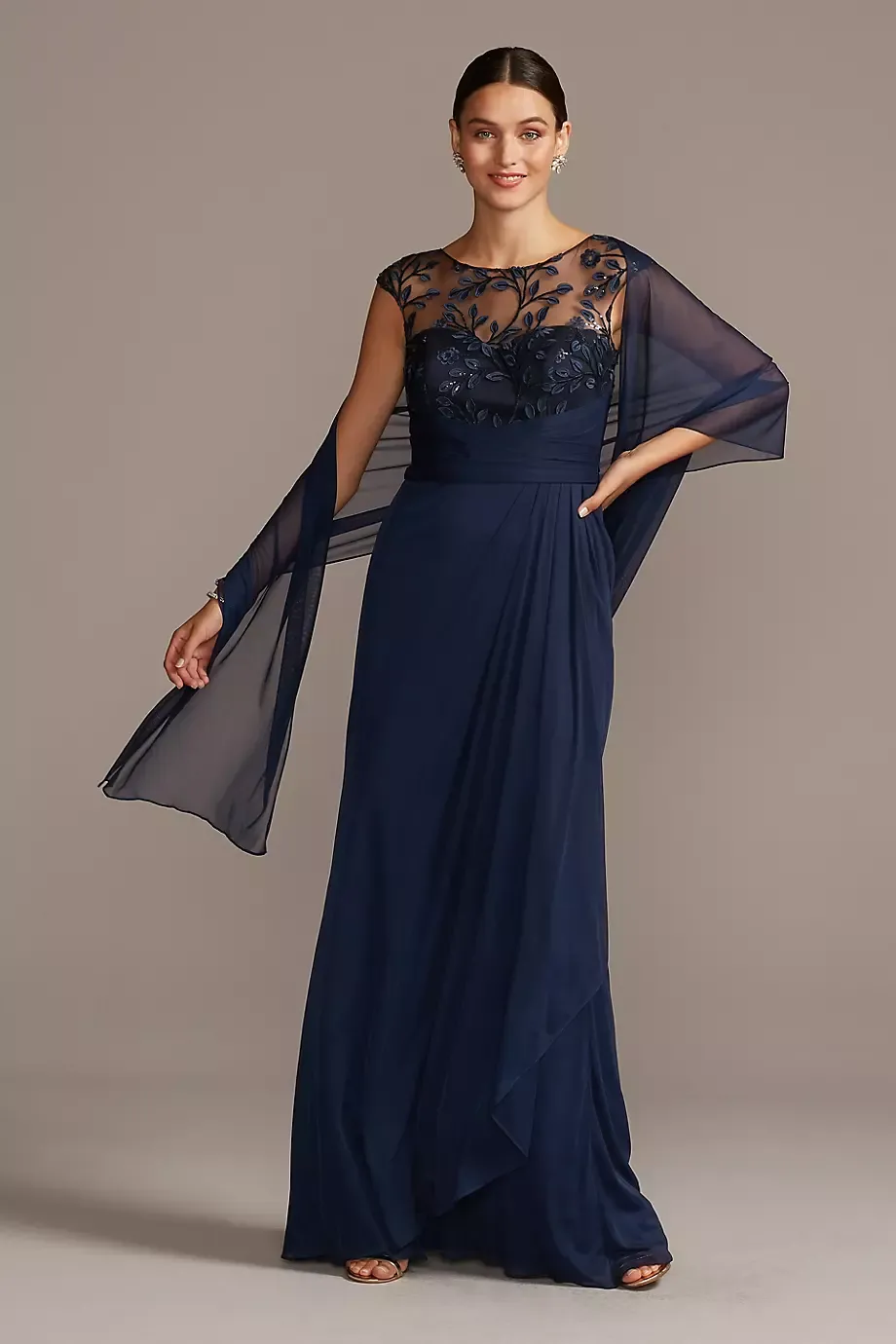 Illusion Embellished Bodice Gown With Cap Sleeves in Navy Size: 16 David's Bridal