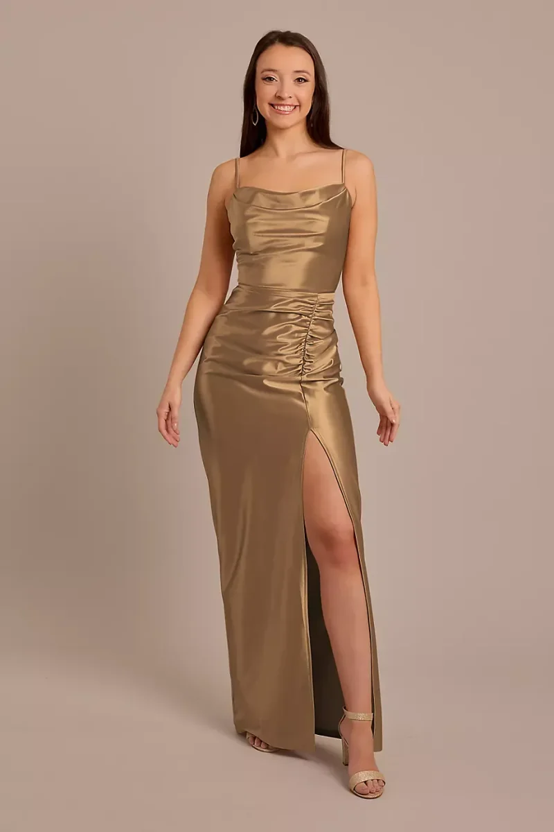 Celebrate DB Studio Sculpting Satin Cowl Neck Ruched Dress in Latte Size: 8 David's Bridal
