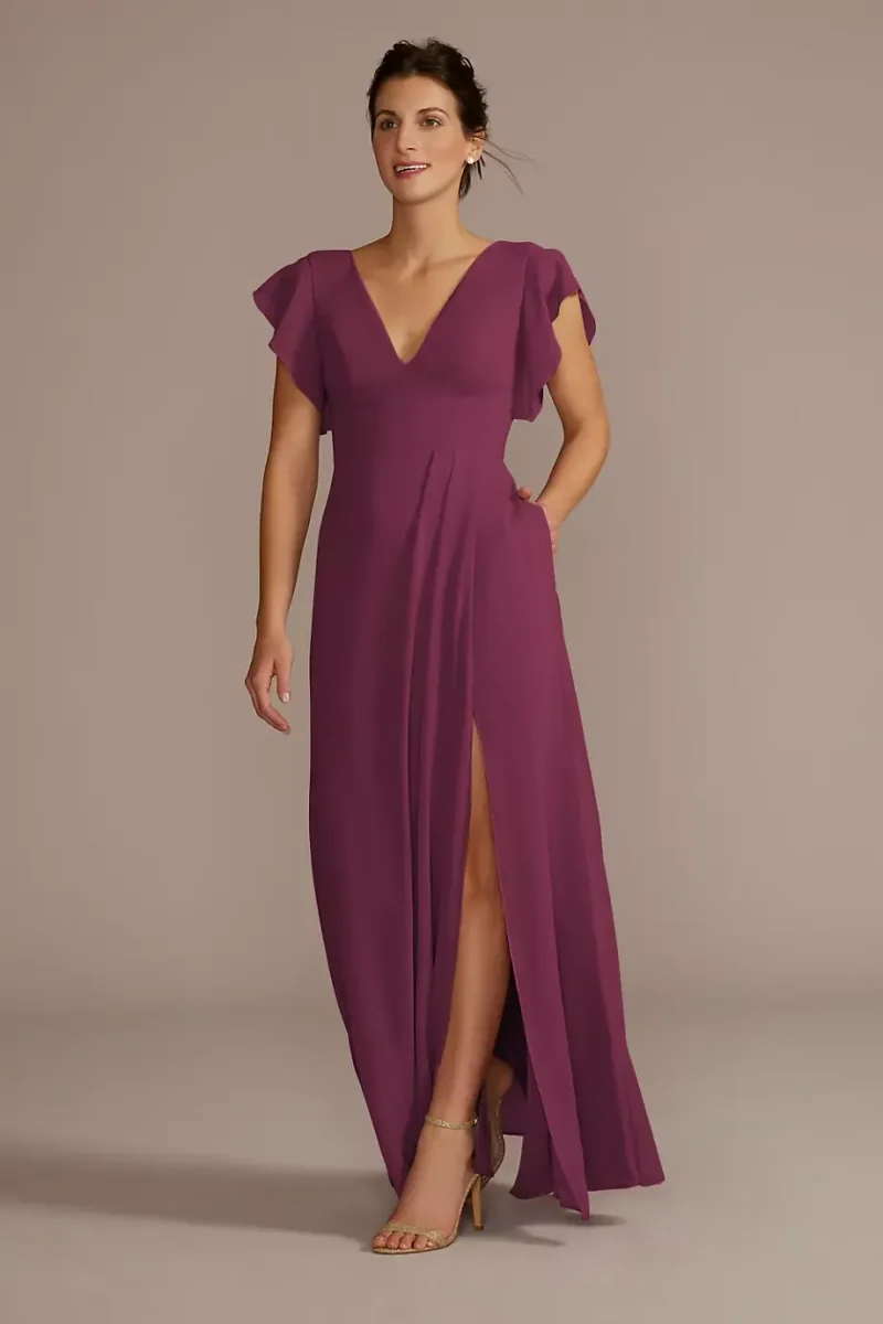 Celebrate DB Studio Tall Flutter Sleeve Chiffon Dress in Wine Size: 10 David's Bridal