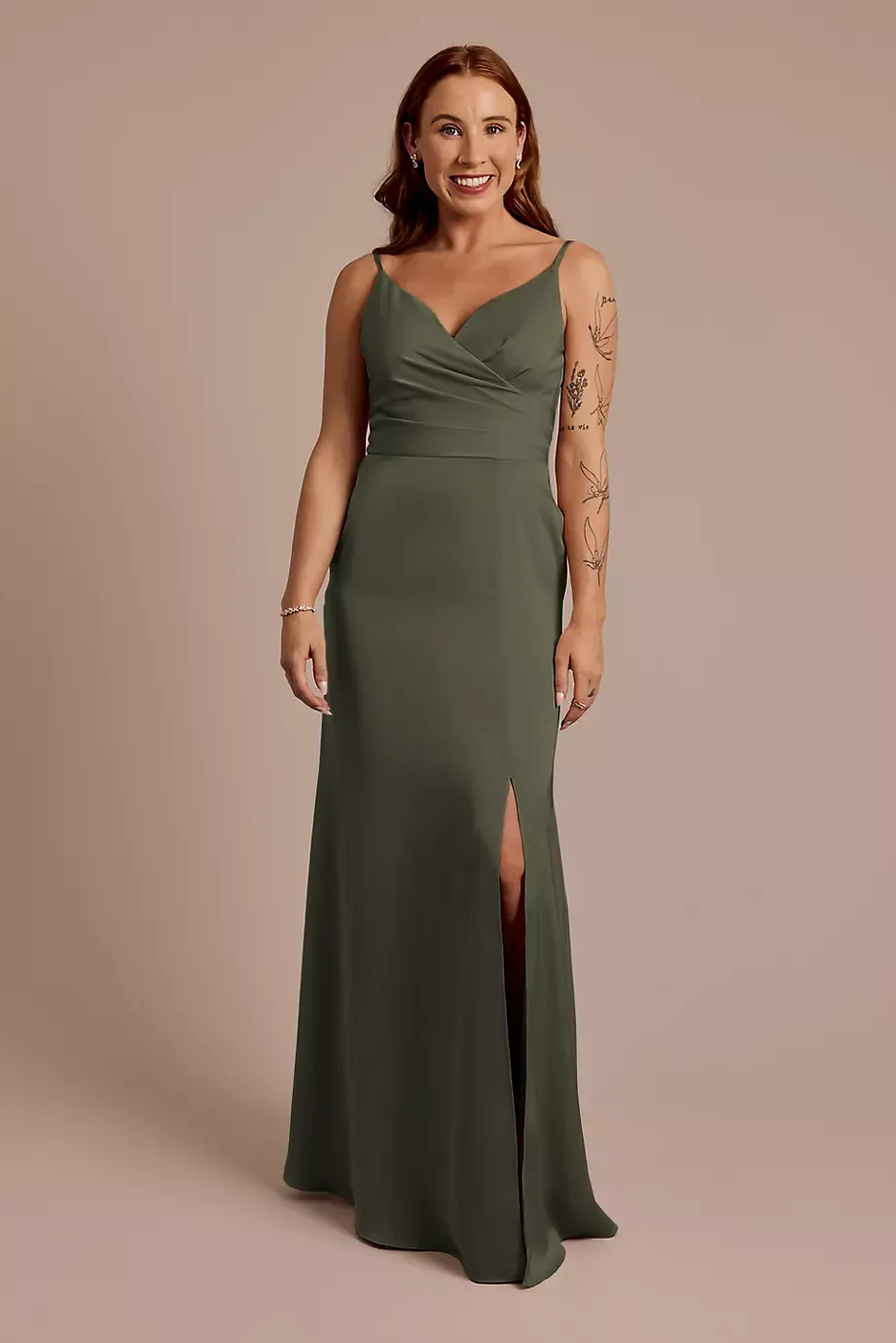Celebrate DB Studio Matte Satin Spaghetti Strap Surplice A-Line Dress in Evergreen Size: 22 David's Bridal