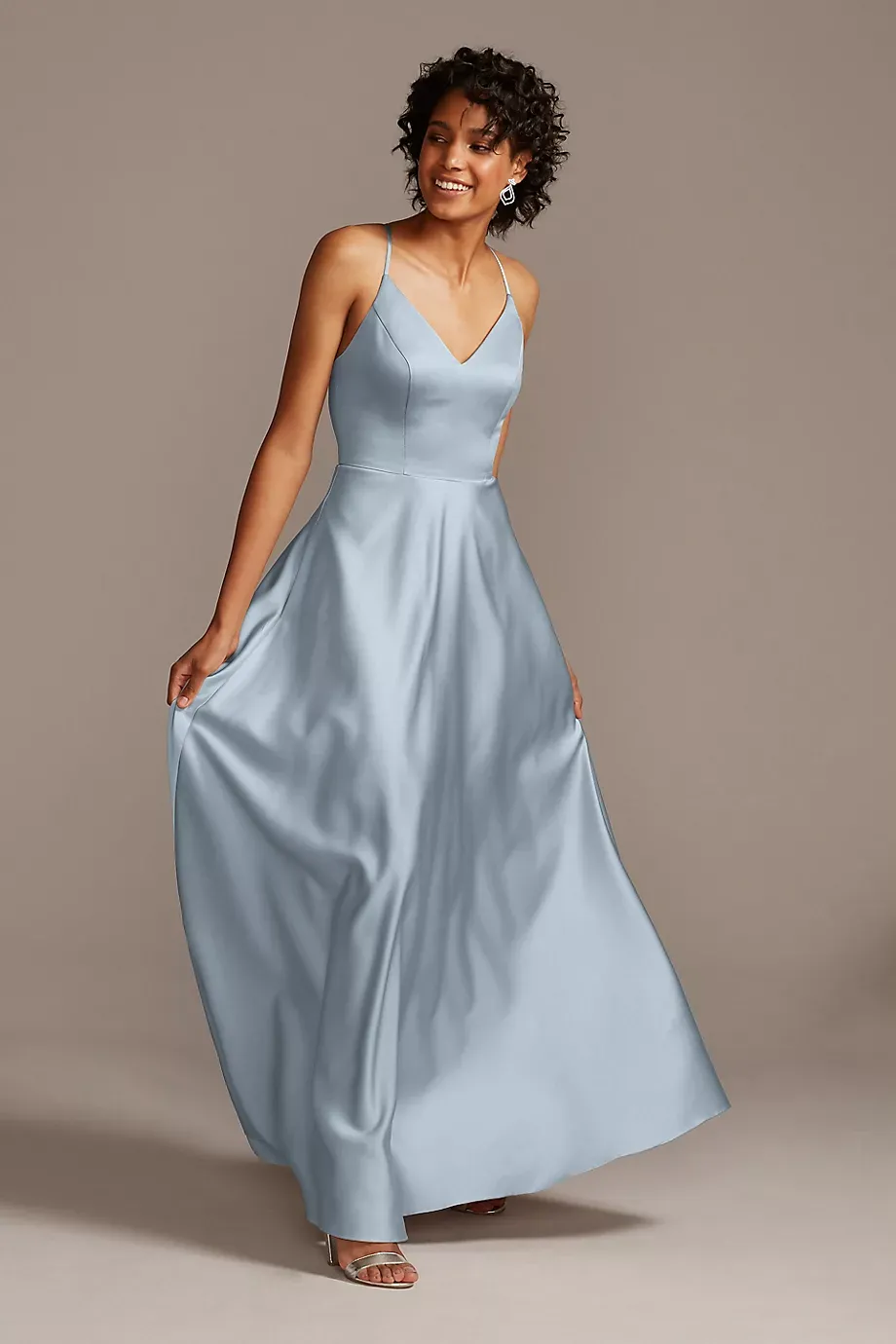 Celebrate DB Studio Spaghetti Strap Satin A-Line Long Bridesmaid Dress in Dusty Blue Size: 20 David's Bridal