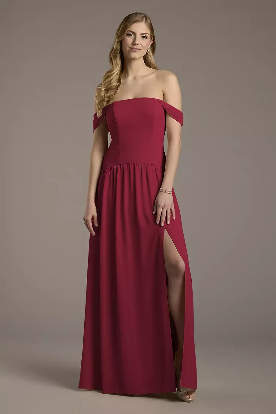 Celebrate DB Studio Chiffon Curved Drop Waist Off-The-Shoulder Dress in Cranberry Size: 8 David's Bridal