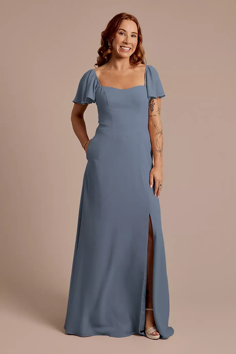Celebrate DB Studio Chiffon Flutter Sleeve Dress With Basque Waist in Steel Blue Size: 28 David's Bridal