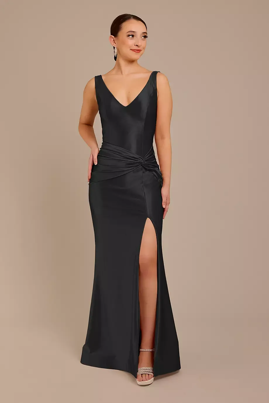 Galina Signature Sculpting Satin Tank Knot Dress in Black Size: 2 David's Bridal