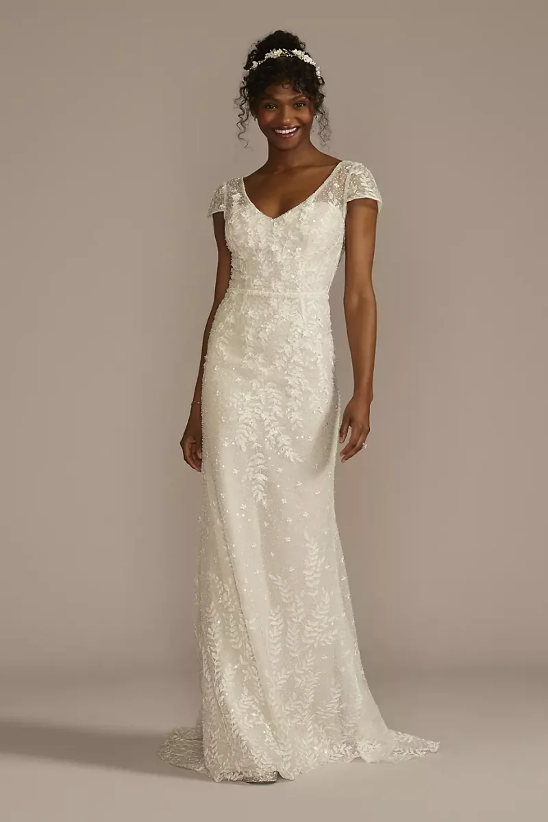 As Is Cap Sleeve V-Neck Beaded Lace Sheath Dress Wedding in Ivory/Cashmere Size: 8 David's Bridal