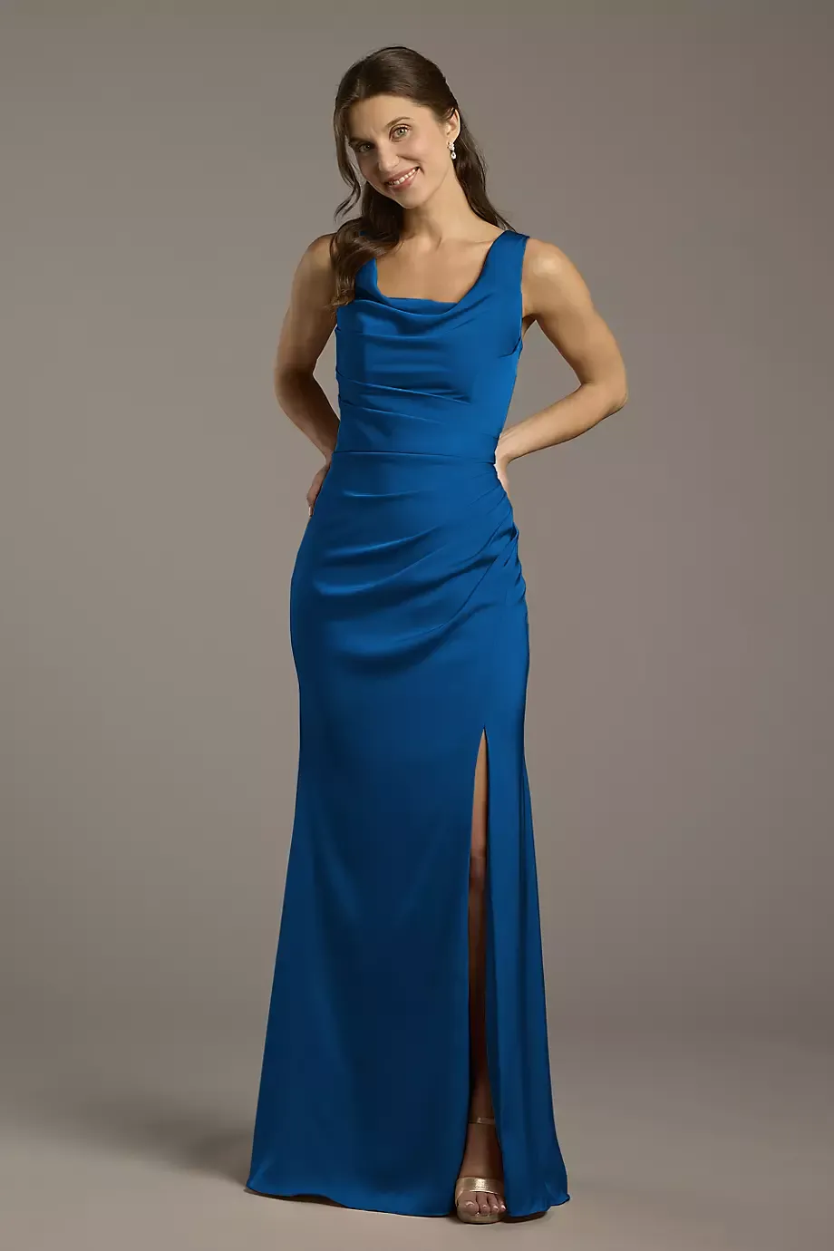 Galina Signature Matte Satin Cowl Neck Sheath Dress in Sapphire Size: 12 David's Bridal