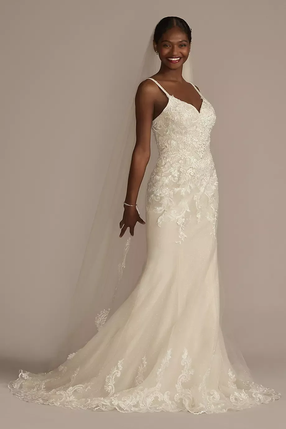 Oleg Cassini Appliqued Lace-Up Spaghetti Strap Wedding Dress in Ivory/Stone Size: 4 David's Bridal