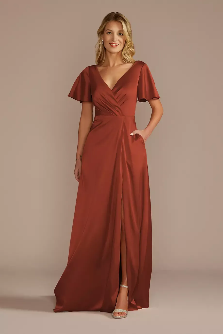 Celebrate DB Studio Short Sleeve Stretch Charmeuse Dress in Cinnamon Size: 8 David's Bridal