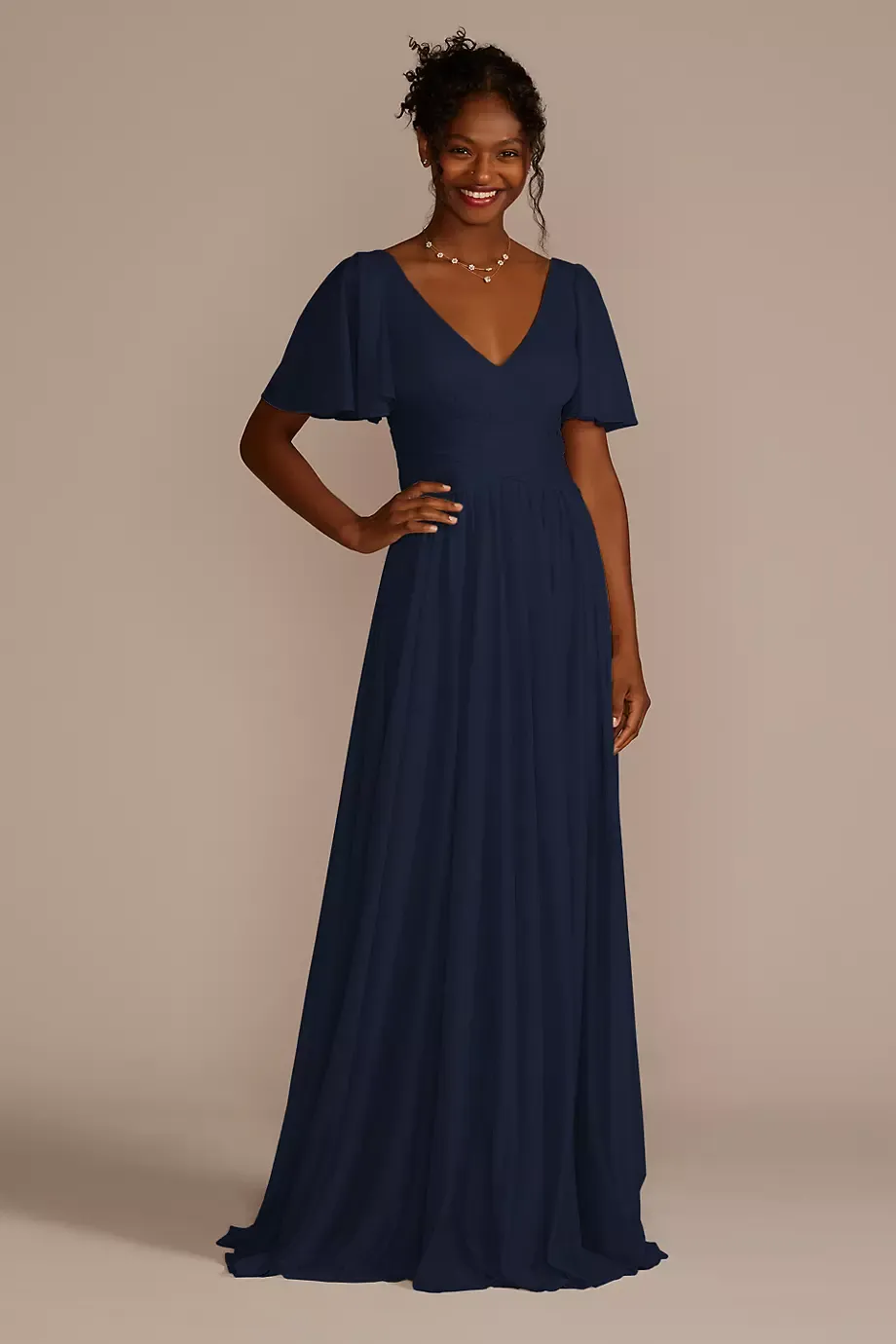 Celebrate DB Studio Flutter Sleeve Crisscross Mesh Bridesmaid Dress in Marine Size: 20 David's Bridal