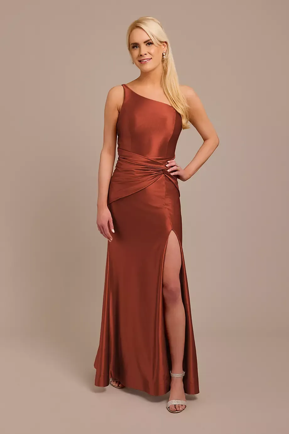 Galina Signature Sculpting Satin One-Shoulder Knot Dress in Cinnamon Size: 20 David's Bridal