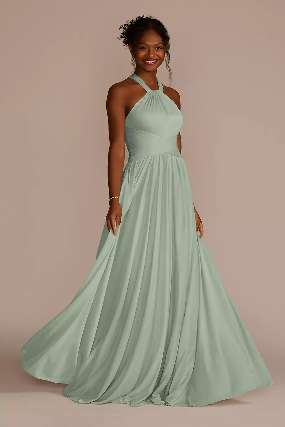 Celebrate DB Studio High-Neck Mesh Bridesmaid Dress With Full Skirt in Dusty Sage Size: 30 David's Bridal