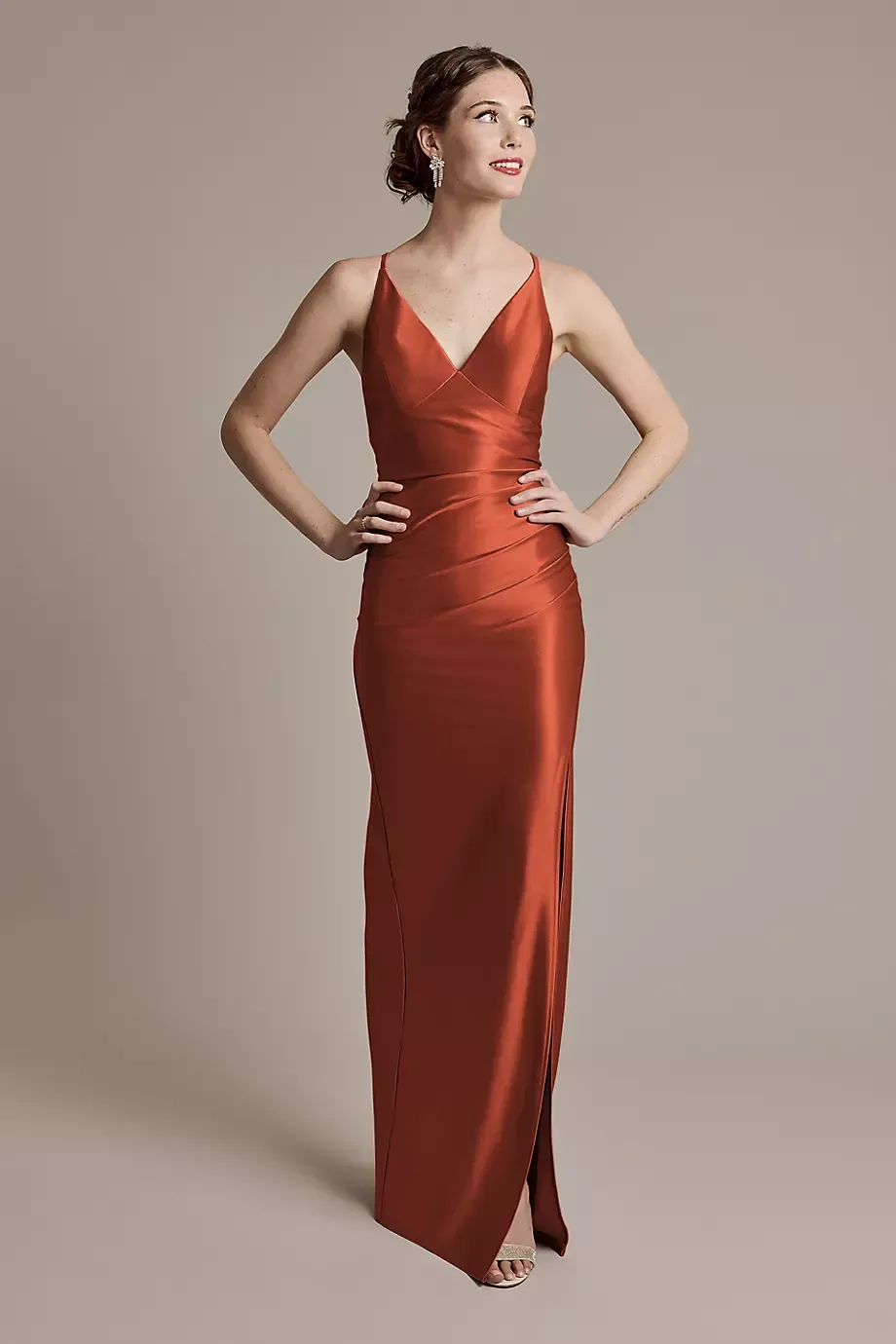 Celebrate DB Studio Sculpting Satin V-Neck Cross-Back Dress in Cinnamon Size: 12 David's Bridal