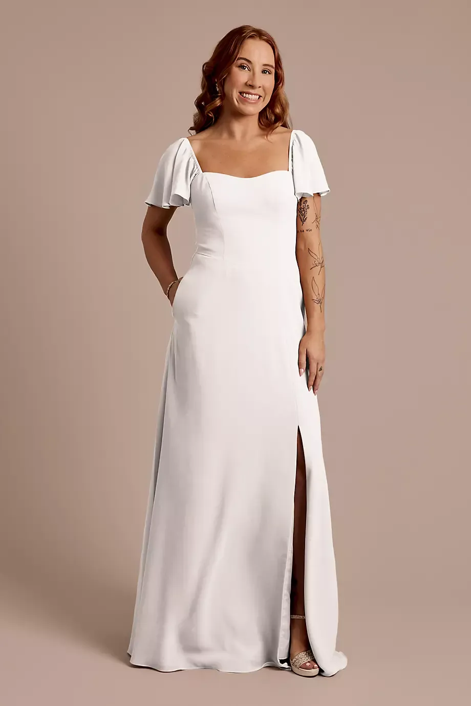 Celebrate DB Studio Chiffon Flutter Sleeve Dress With Basque Waist in White Size: 2 David's Bridal