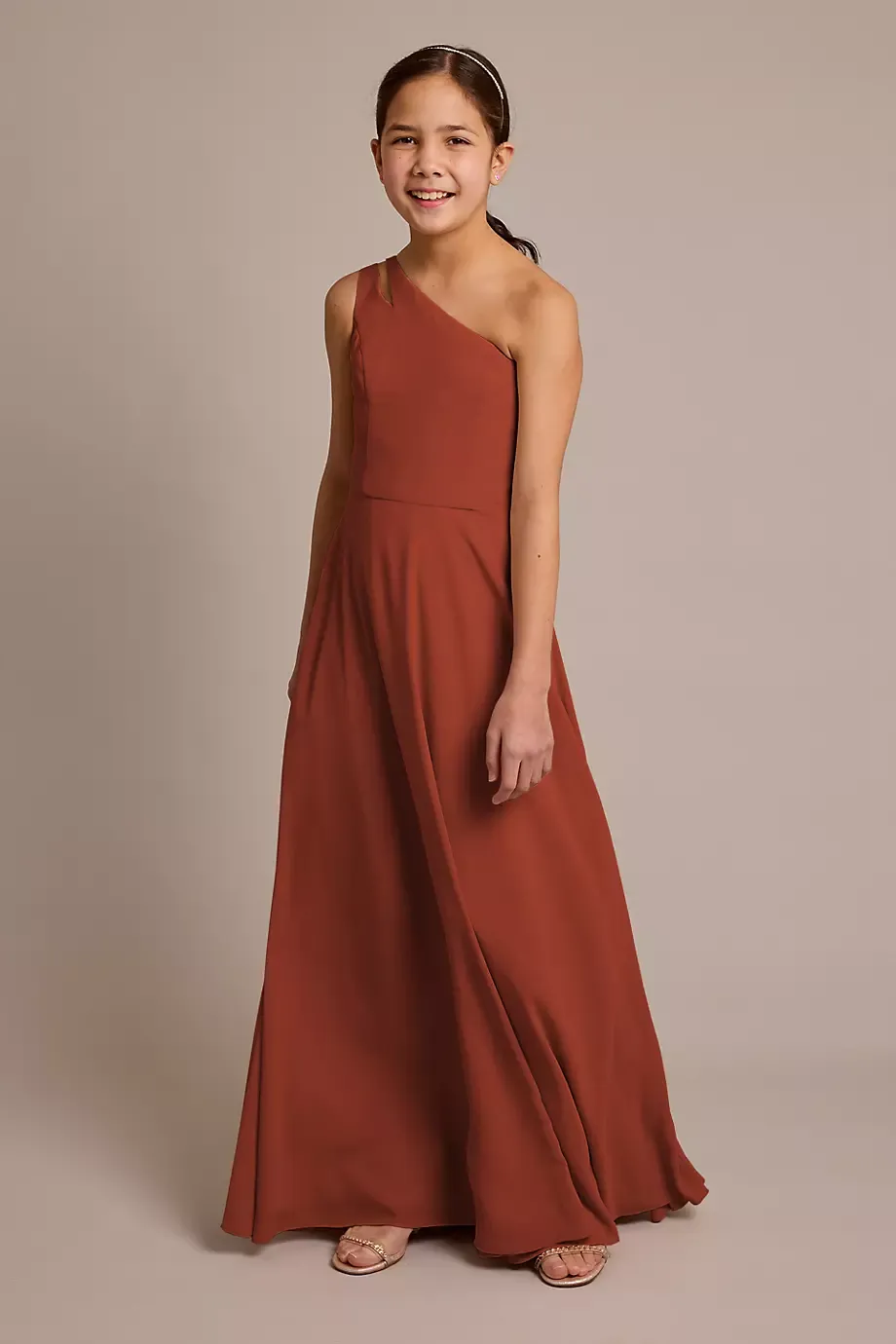 Celebrate DB Studio Chiffon One-Shoulder Junior Dress in Cinnamon Size: 16 David's Bridal