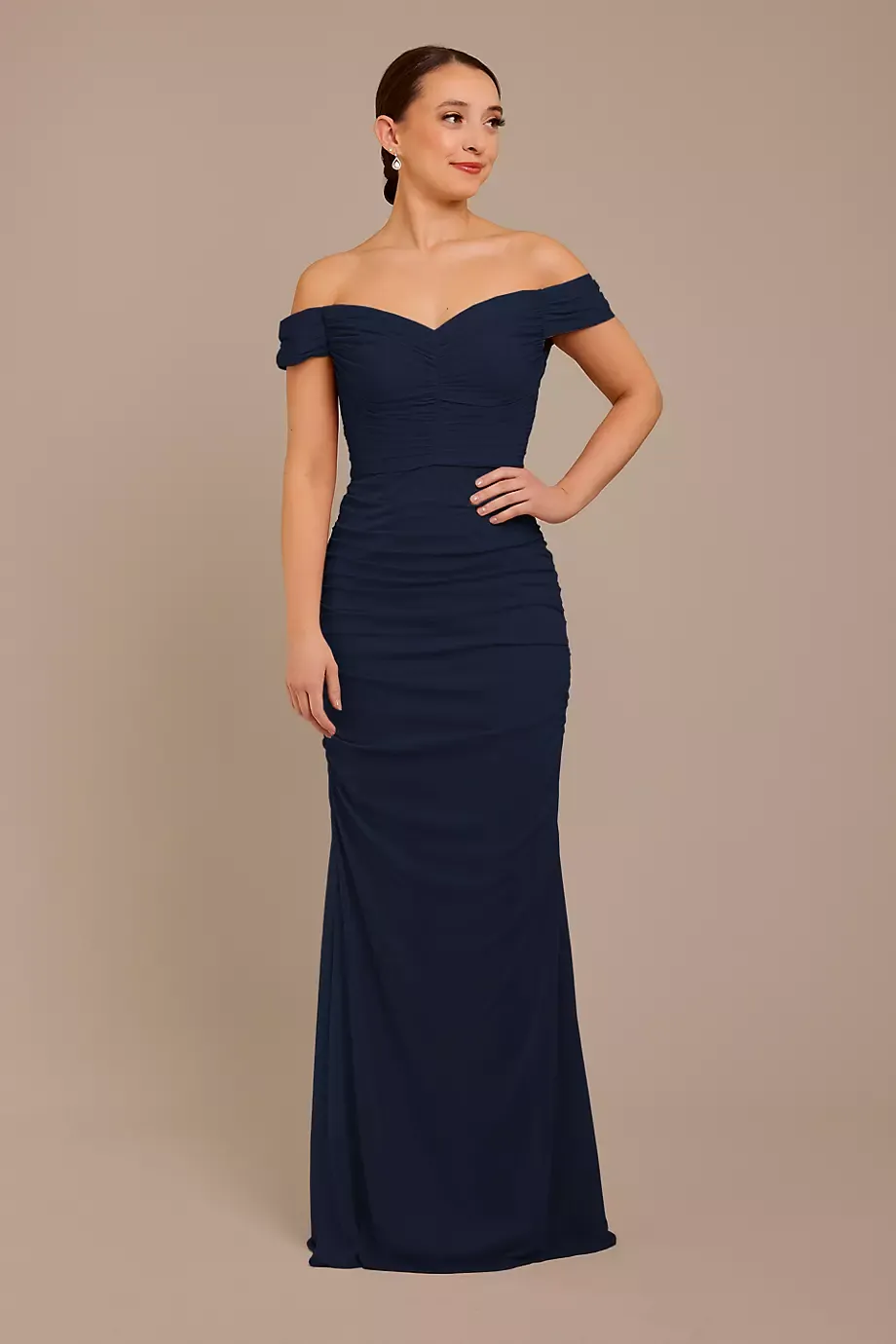 Celebrate DB Studio Mesh Off-The-Shoulder Ruched Dress in Marine Size: 10 David's Bridal