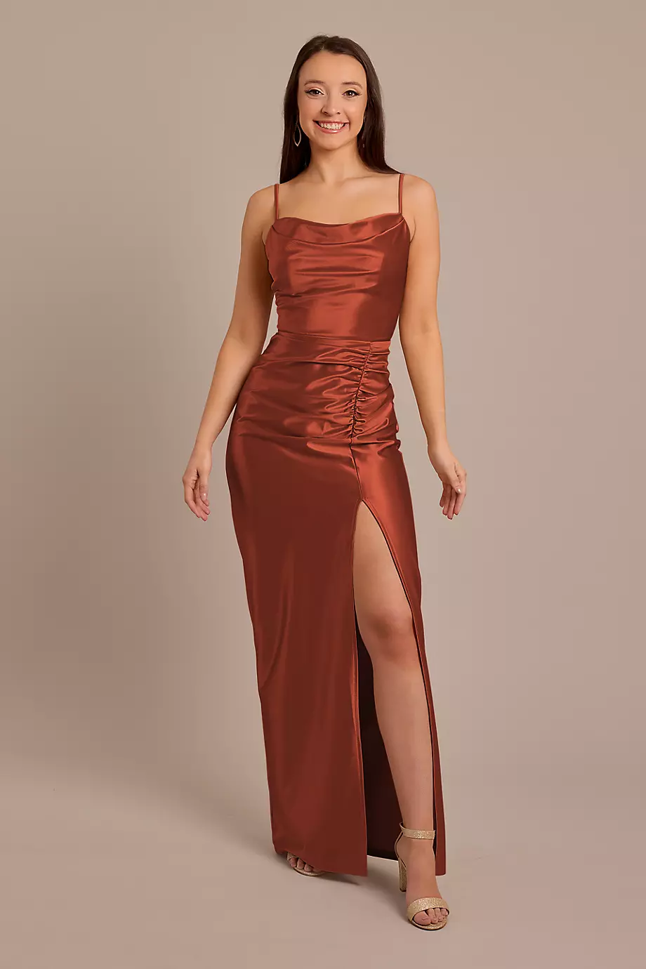 Celebrate DB Studio Sculpting Satin Cowl Neck Ruched Dress in Cinnamon Size: 24 David's Bridal