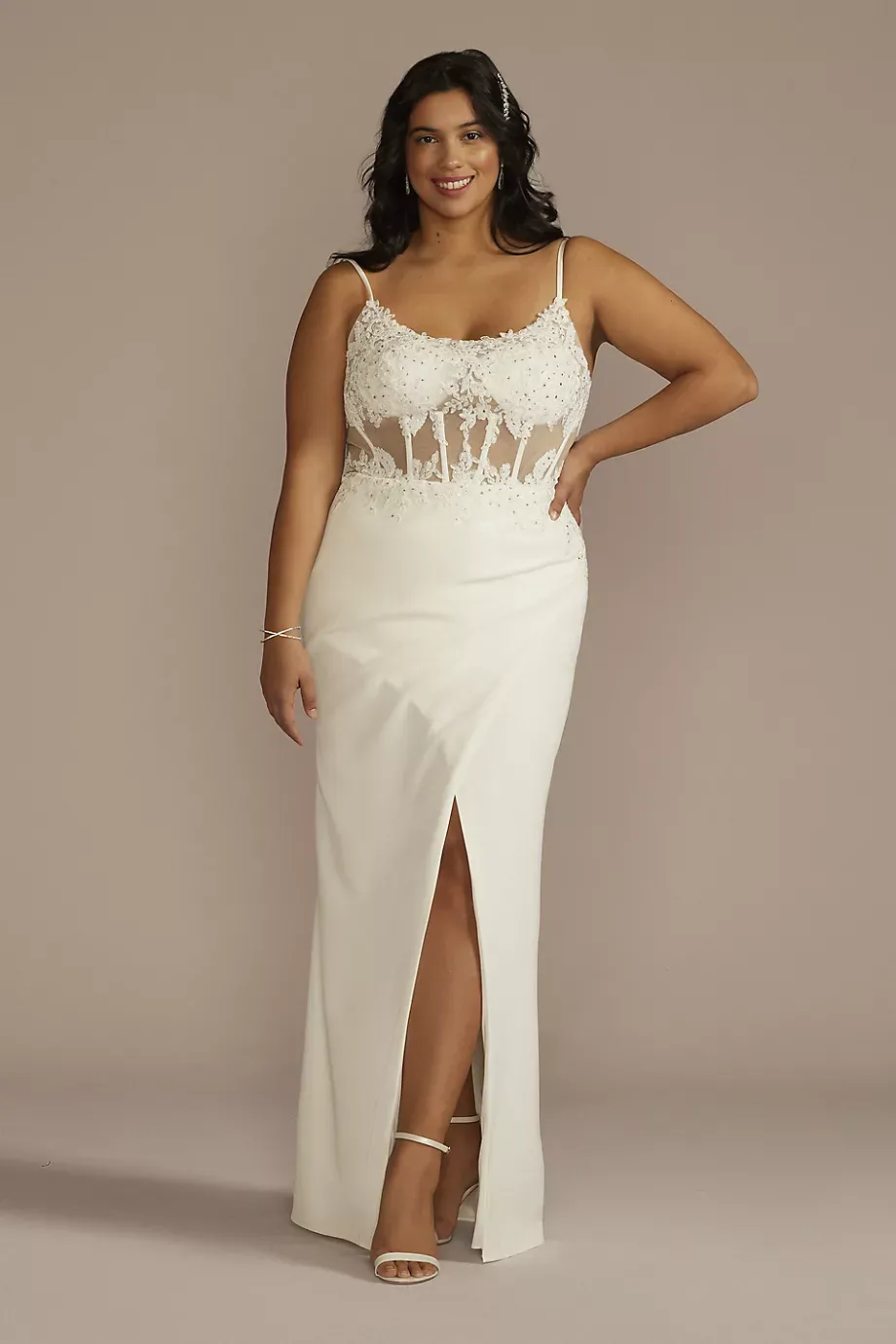 DB Studio Illusion Corset Crepe Sheath Wedding Dress in Soft White Size: 26W David's Bridal