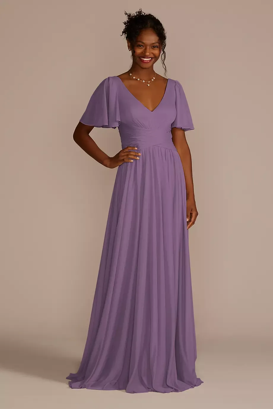 Celebrate DB Studio Flutter Sleeve Crisscross Mesh Dress in Wisteria Size: 2 David's Bridal