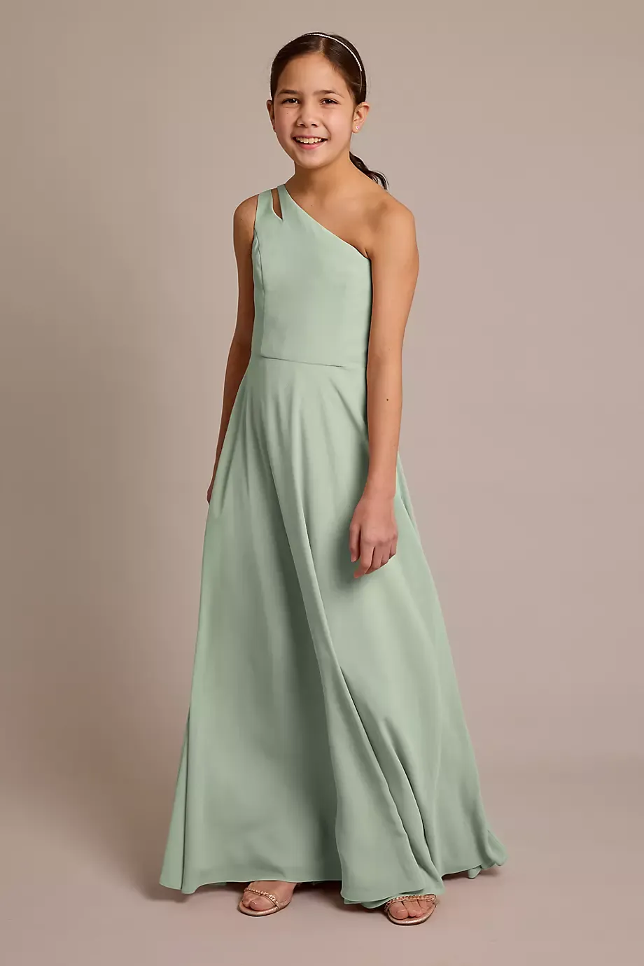 Celebrate DB Studio Chiffon One-Shoulder Junior Dress in Dusty Sage Size: 12 David's Bridal