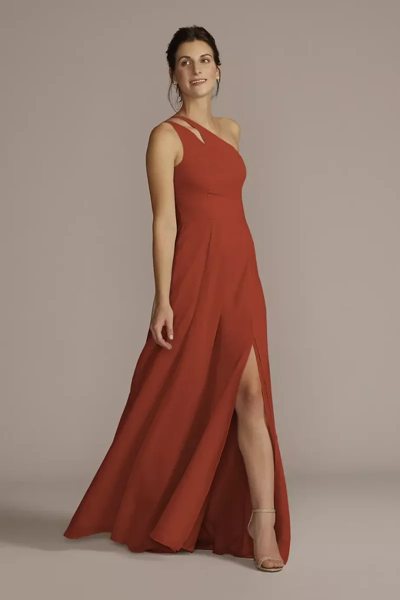 Celebrate DB Studio Chiffon One-Shoulder Cutout Dress in Cinnamon Size: 10 David's Bridal