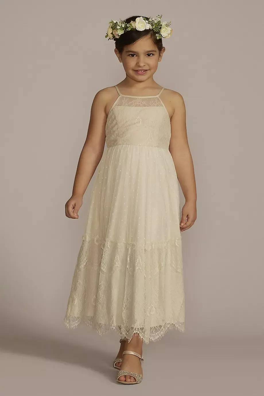 DB Studio Lace Boho Flower Girl Dress With Keyhole Back in Champagne Size: 12 David's Bridal
