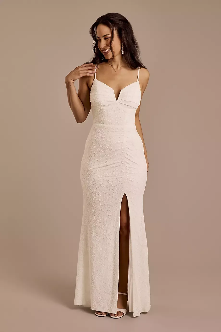 DB Studio V-Notch Glitter Lace Sheath Wedding Dress in Soft White Size: 8 David's Bridal