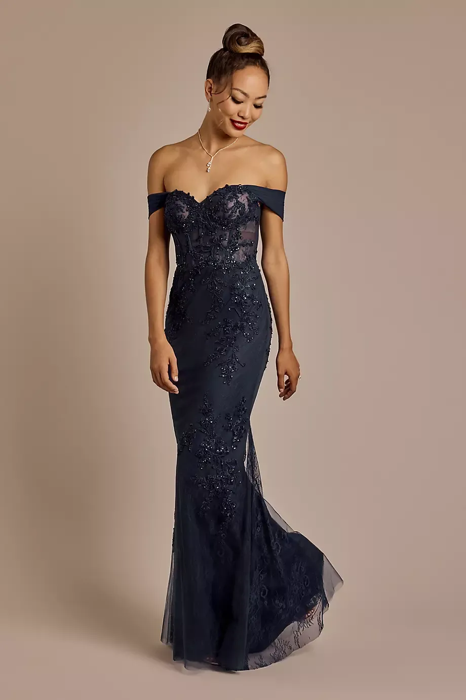 Galina Signature Off-The-Shoulder Beaded Applique Mermaid Dress in Navy Size: 6 David's Bridal