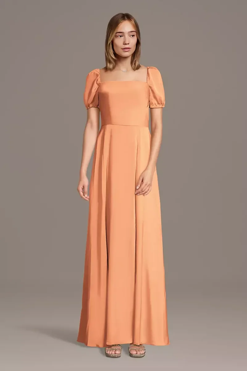 Celebrate DB Studio Matte Satin Square Neck Billow Sleeve A-Line Dress in Orange Sorbet Size: Small David's Bridal