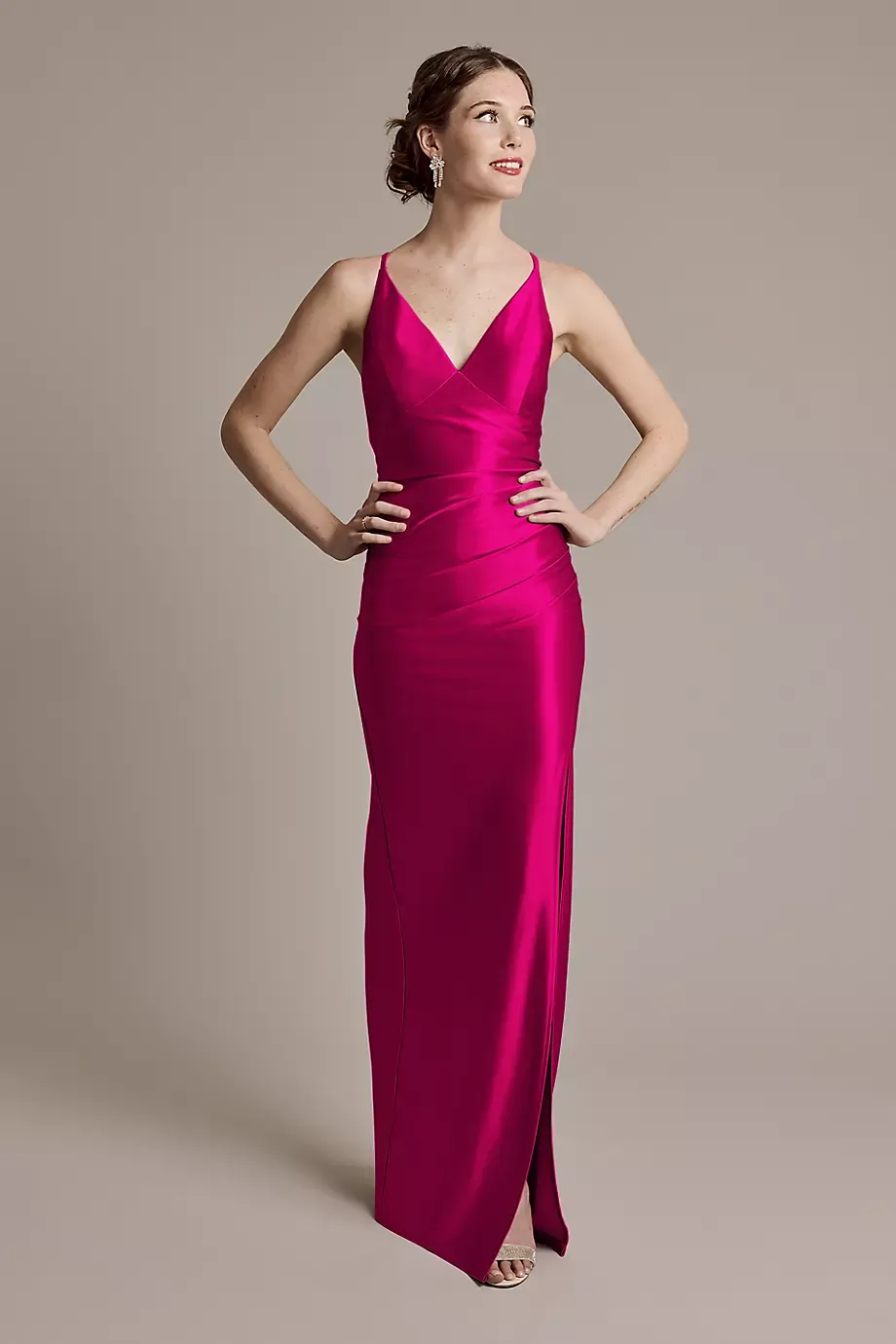 Celebrate DB Studio Sculpting Satin V-Neck Cross-Back Dress in Berry Size: 8 David's Bridal