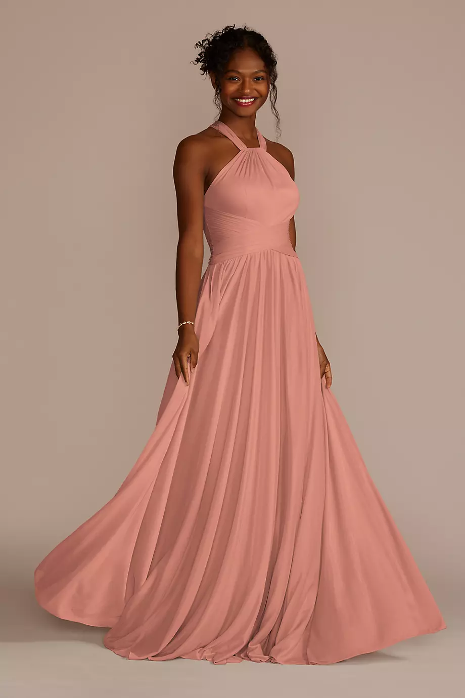 Celebrate DB Studio High-Neck Mesh Bridesmaid Dress With Full Skirt in Desert Coral Size: 28 David's Bridal