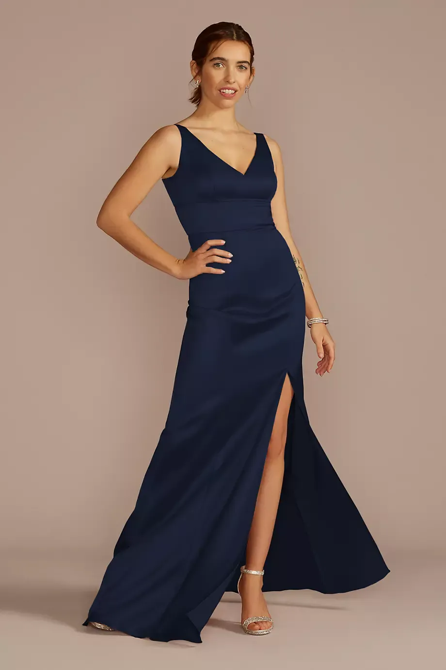 Celebrate DB Studio Stretch Satin V-Neck Tank Sheath Dress in Marine Size: 6 David's Bridal