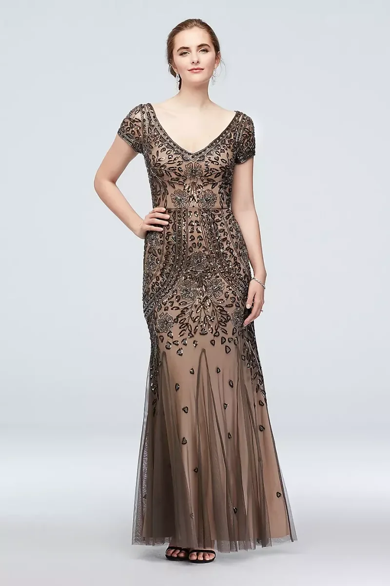 Bead And Sequin Embellished Mesh Overlay Gown in Taupe Size: 4 David's Bridal