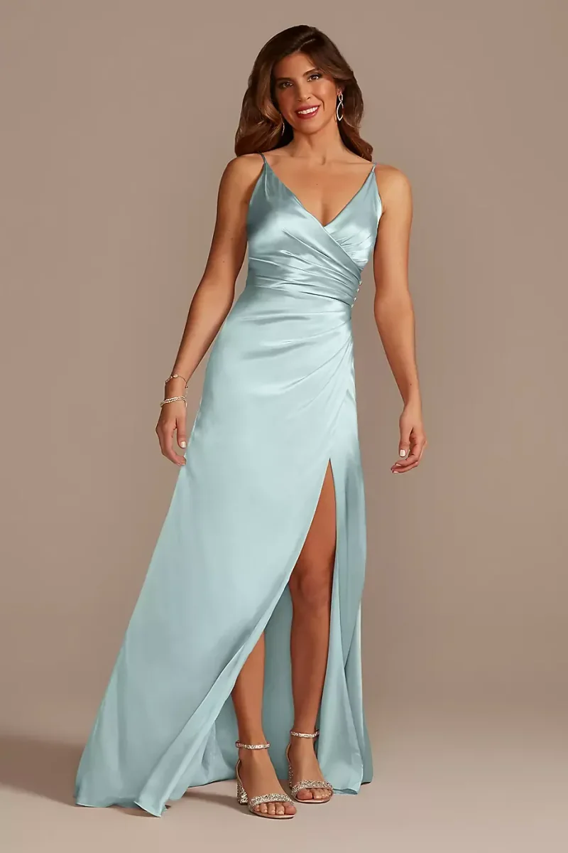 Galina Signature Tall Charmeuse Draped Strappy Dress in Sky Blue Size: 4 David's Bridal
