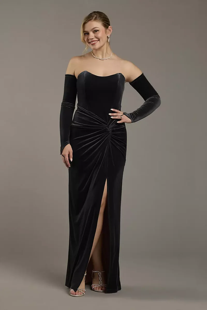 Galina Signature Strapless Velvet Sheath Dress With Matching Gloves in Black Size: 20 David's Bridal